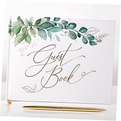 Gold Foil Wedding Guest Book 7 x 9 inches, Pen & Table Sign Included, Greenery