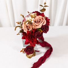 Burgundy Gold Mauve Pink Silk Rose Dahlia Bridal Bouquet Boutonniere Wedding Set