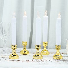6 White Gold 10″ LED Taper Candles Lights Candle Holders Wedding Centerpieces