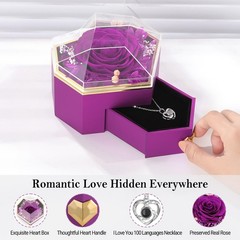 Preserved Rose Gifts for Women, Eternal Flower Rose Box with Heart Necklace, Rom