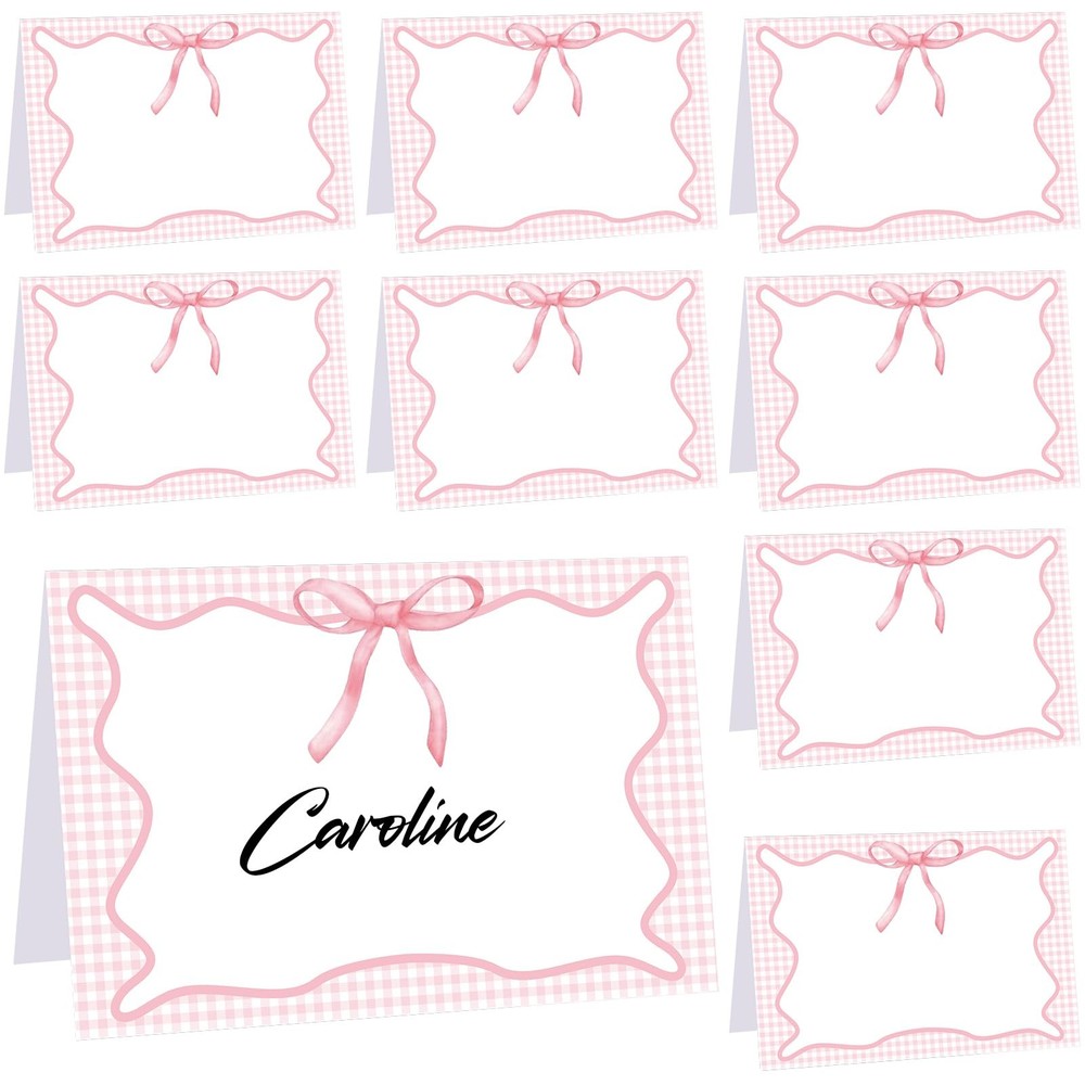 24 Pcs Pink Gingham Picnic Party Decoration Bow Place Cards 6 x 4 Inch Summer…