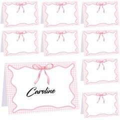 24 Pcs Pink Gingham Picnic Party Decoration Bow Place Cards 6 x 4 Inch Summer…