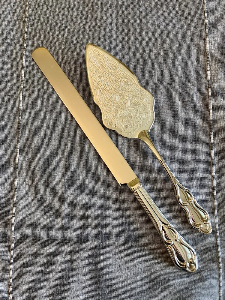 Vintage Silverplate Cake Server & Knife Set Ornate Scroll Engraved 2 Piece