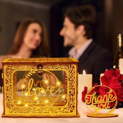 Glitter Wooden Gold Wedding Gift Card Money Box With Heart Lock String Light