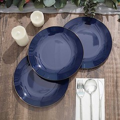 NAVY BLUE 10 Glossy 8″ Round Plastic Salad PLATES Gold Rim Party Events