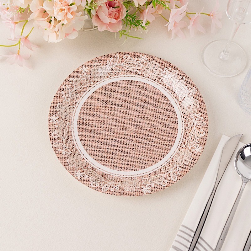25 NATURAL 9″ Burlap Print Floral Lace Paper Dinner PLATES Party Events Supplies