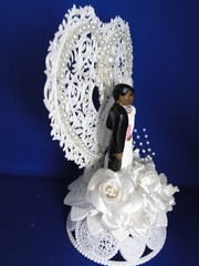 New Vintage Dark skin Bride & Groom Filigree Heart Wedding CakeTop, #304