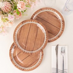 25 BROWN 9″ Wood Print Floral Lace Paper Salad Dinner PLATES Party Decorations