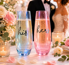 His and Hers Pink & Blue Stemless Champagne Wine Glasses for Wedding/Engagement