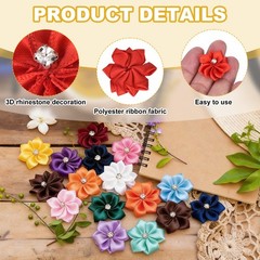 100 Pcs Ribbon Flowers, 1.2 in Fabric Flowers with Rhinestones, Scarlet