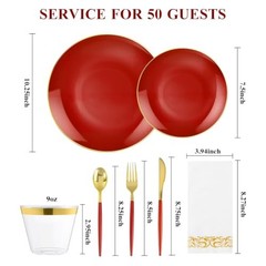 3PCS Plastic Dinnerware Set and Gold Rim Disposable Plates for Party – 50 Red