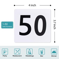 50 Pcs Double-Sided Table Numbers 1-50, 3.7×4 Inch Plastic Cards, White