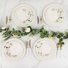 25 White 8″ Dessert Paper Plates with Sage Green Floral Lined Rim Decorations
