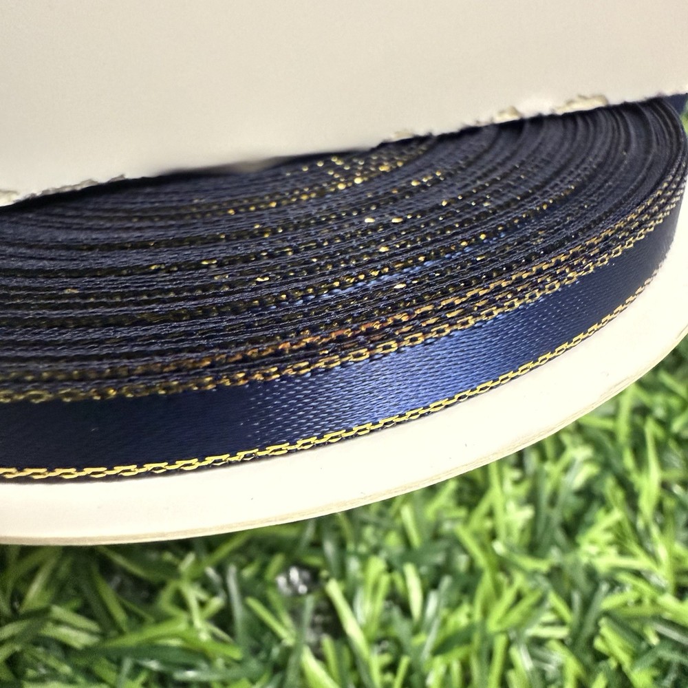 1/4″ Navy Blue Ribbon Metallic gold trim 25Yards 100% Polyester