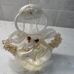 Vintage MCM Wedding Cake Topper with Bride & Groom, Flowers, Lace Ivory
