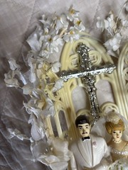 Vintage Wedding Cake Topper Religious Christian Cross Floral Bride Groom