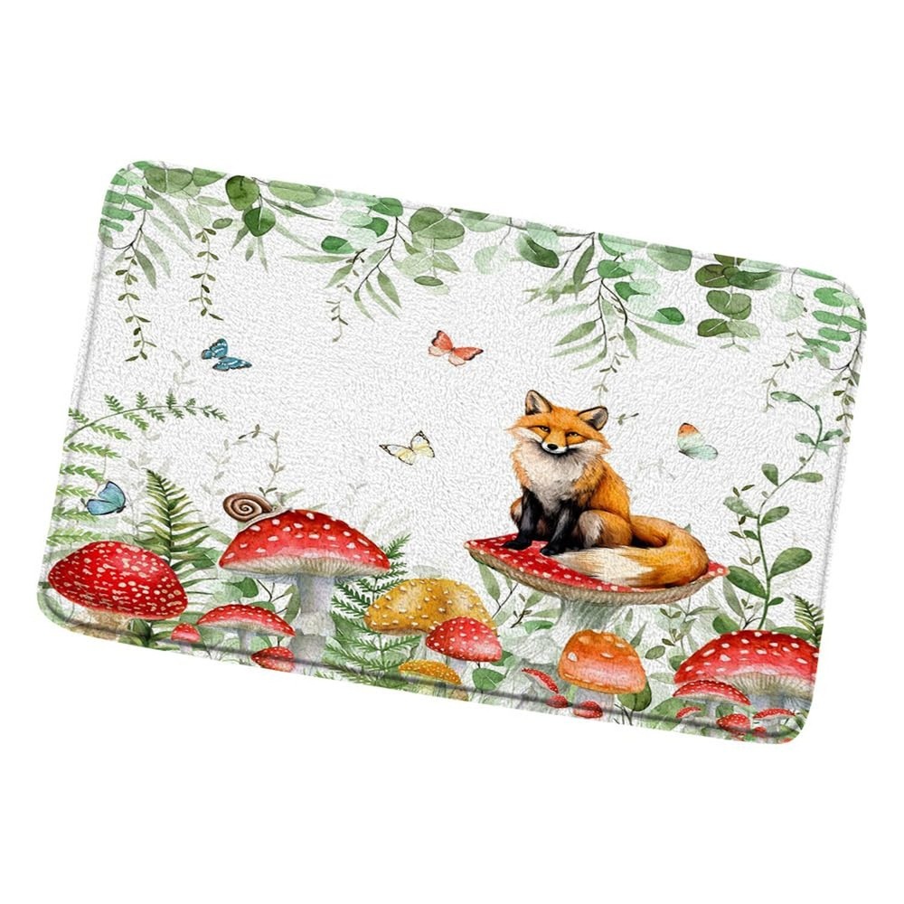 Red Mushroom Fox Bath Mat Beautiful Flower Green Eucalyptus Leaf Floral Wildf…