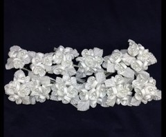 60 Flower.Bridal Satin Rose Flowers w/ Pearl White.5 Flower Per Bunch x 12 / bag