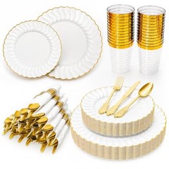 175PCS White and Gold Plastic Plates Set – Heavy Duty Disposable Dinner Plates