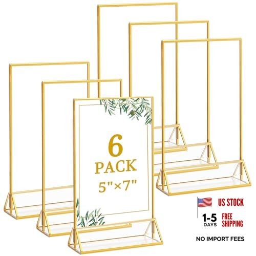 6 Pack 5×7 Inch Clear Acrylic Sign Holders, Double-Sided 5″ x 7″- 6 Pack Gold