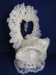 New Vintage Double White Satin Bells Cake topper with elegant Lace #423