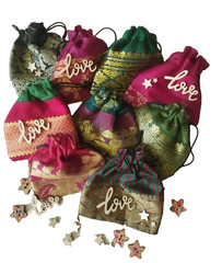 100 x 3″ x 3″ inches Recycled Indian sari fabric drawstring pouches, gift bags.