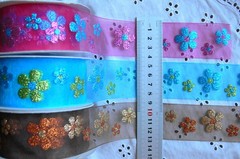 Glitter Flowers COPPER & GOLD on BROWN Sheer Organza 4.2 Met 40mm W ide AR1
