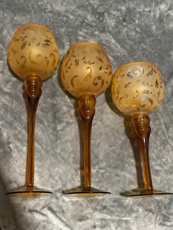 Vintage PartyLite Amber Frosted Leaf Filigree Candle Holder Trio Set