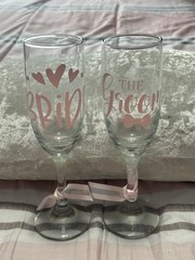 Elegant Bride and Groom Champagne Flutes Set of 2 with Pink Accents for Wedding