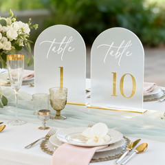 Frosted Wedding Table Numbers 1-10 with Stands, Elegant Gold 3D Arch Signs with