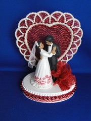 New Medium Dark skin Bride & Groom Wedding Cake Top, red decor & heart, #329
