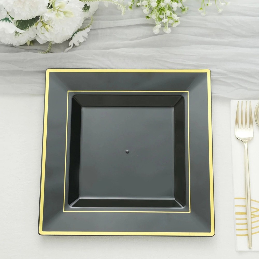 10 Plastic Black 10″ Square Plates with Gold Rim Disposable Party Wedding SALE