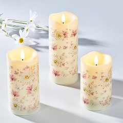 Fiber Optic Flameless Candles with Remote, Pink Floral Φ 3″ x H 5″ 6″ 7″