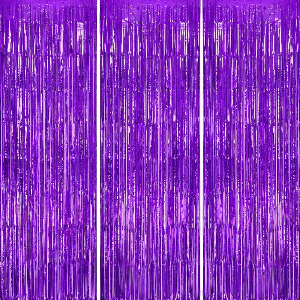 3 Pack Foil Fringe Backdrop – Purple Shiny Tinsel Curtains for Party Decorati…