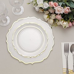 30 CLEAR 8″ Round Plastic Dinner Plates GOLD Scalloped Rim Events Wedding