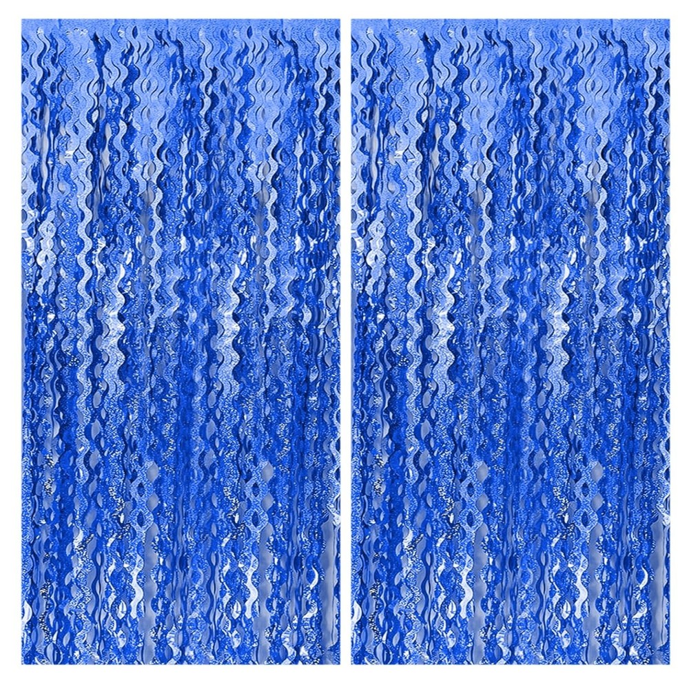 2 Pack Navy Blue Wavy Foil Fringe Curtains, 3.3×6.6 Ft Metallic Tinsel Wavy B…