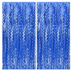 2 Pack Navy Blue Wavy Foil Fringe Curtains, 3.3×6.6 Ft Metallic Tinsel Wavy B…
