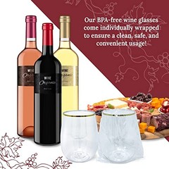 12oz. Disposable Wine Glasses Gold-Rim (20 Pack) Stemless Crystal Clear |