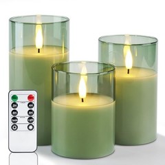 Green Glass Flameless Candles with Remote and Timer, Real Wax Olive Green