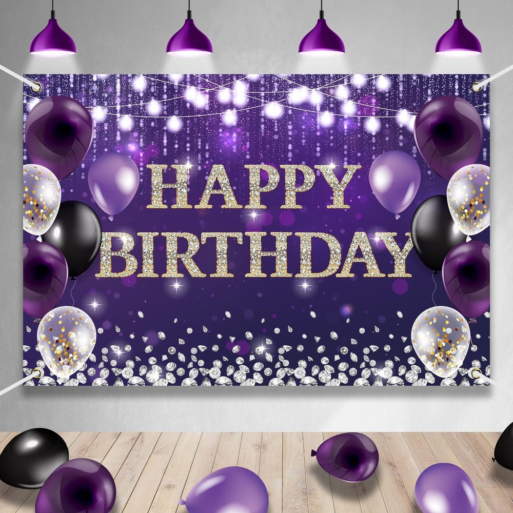 Large Happy Birthday Backdrop Banner Purple Theme Decor With Shiny Diamond No…
