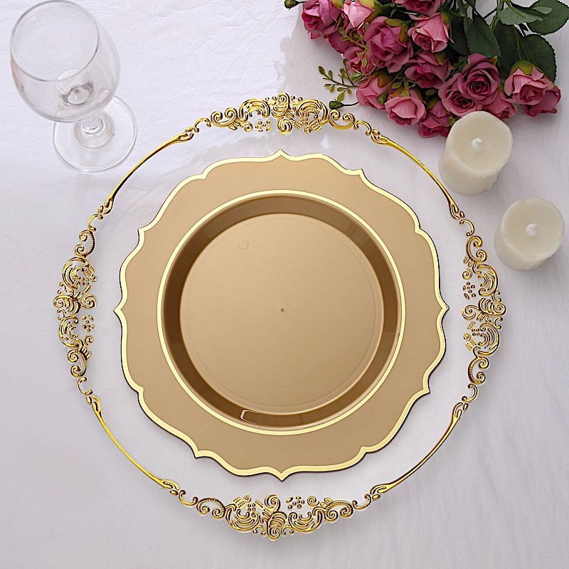 20 GOLD 10.5″ Round Plastic Dinner Plates GOLD Scalloped Rim Events