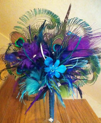 peacock bridal bouquet, feathers, brooches and a real preserved orchid, peacock
