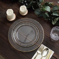 50 CLEAR 10″ Round Salad PLATES Hammered GOLD Trim Party Events Wedding Supplies