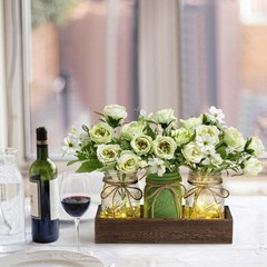 3 Pc Mason Jar Centerpiece Set w/Wood Tray & LED Lights, Green Farmhouse Decor