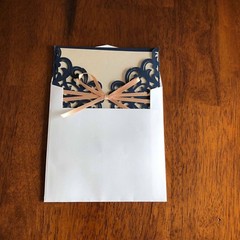Dark Blue, Navy Laser Cut Flowers Gold Silk Tie Square Wedding Invitation Cards