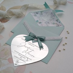 Silver Mirror Acrylic Customized Wedding Invitation with Pale Blue Lace Envelope