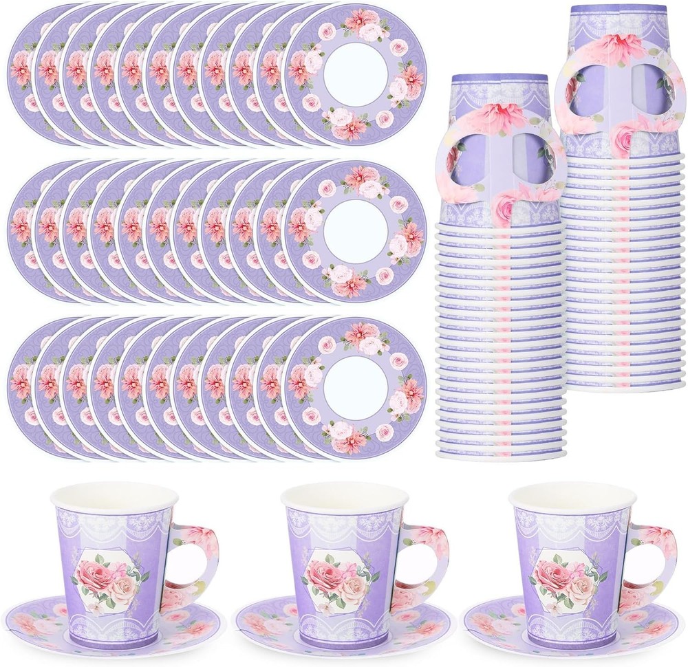 100 Pcs Disposable Tea Party Decorations 9 oz Floral Paper Cup Light Purple