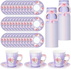 100 Pcs Disposable Tea Party Decorations 9 oz Floral Paper Cup Light Purple