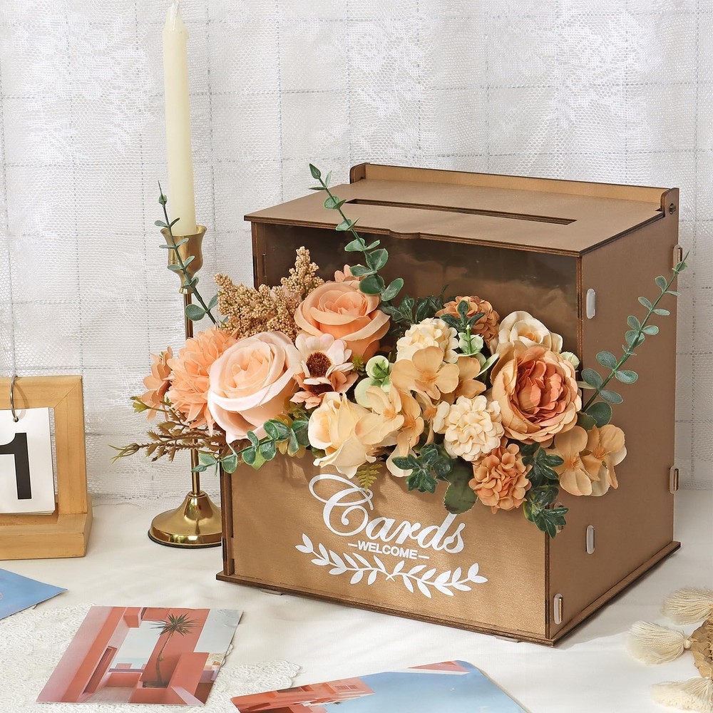 Brown Rustic Wooden Wedding Gift Card Box Money Holder With Flower Trough