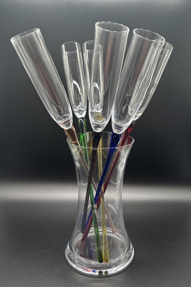 Beautiful Hand blown Colorful Crystal Footless Long Stem Champagne Flutes & Vase